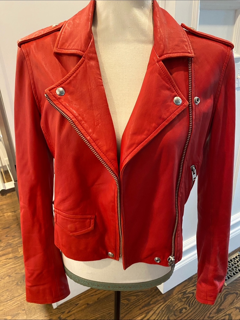IRO Red Lamb Leather Moto Jacket with Silver Hardware. The Asheville.